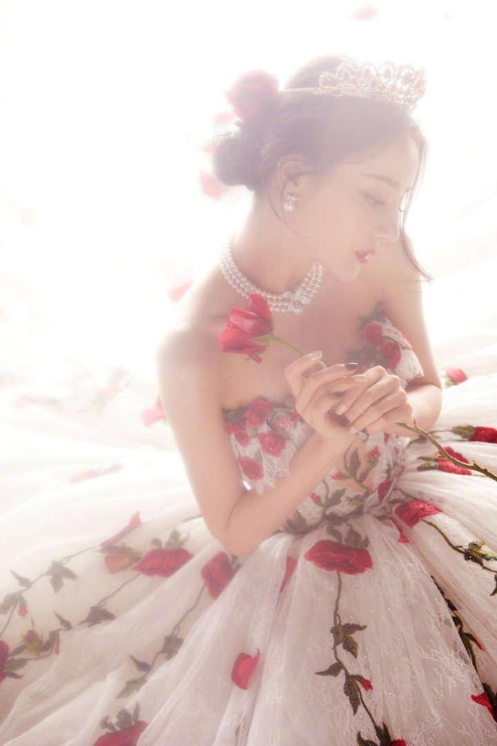 迪丽热巴玫瑰刺绣纱裙优雅性感写真图片